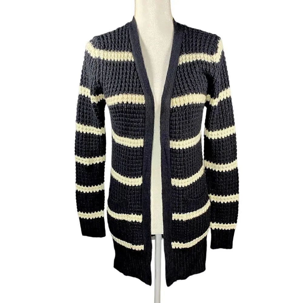Pink Rose Navy and White Striped Knit Back Lace-Up Cardigan Women’s Size Medium